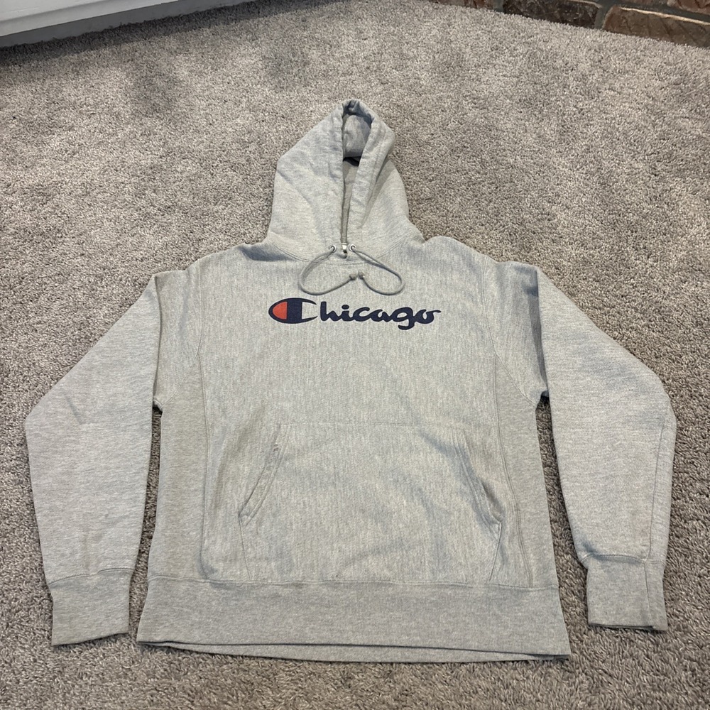 Champion Reverse Weave Hoodie Medium M Gray Chicago City SPELLOUT Logo Pullover